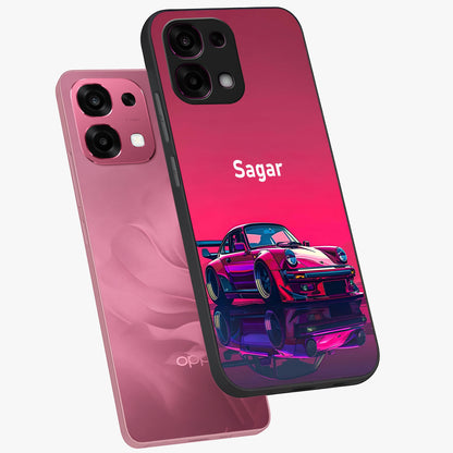 Neon Pink Porsche Glass Case displayed in angled mockup highlighting sleek neon pink car design with racing aesthetic.