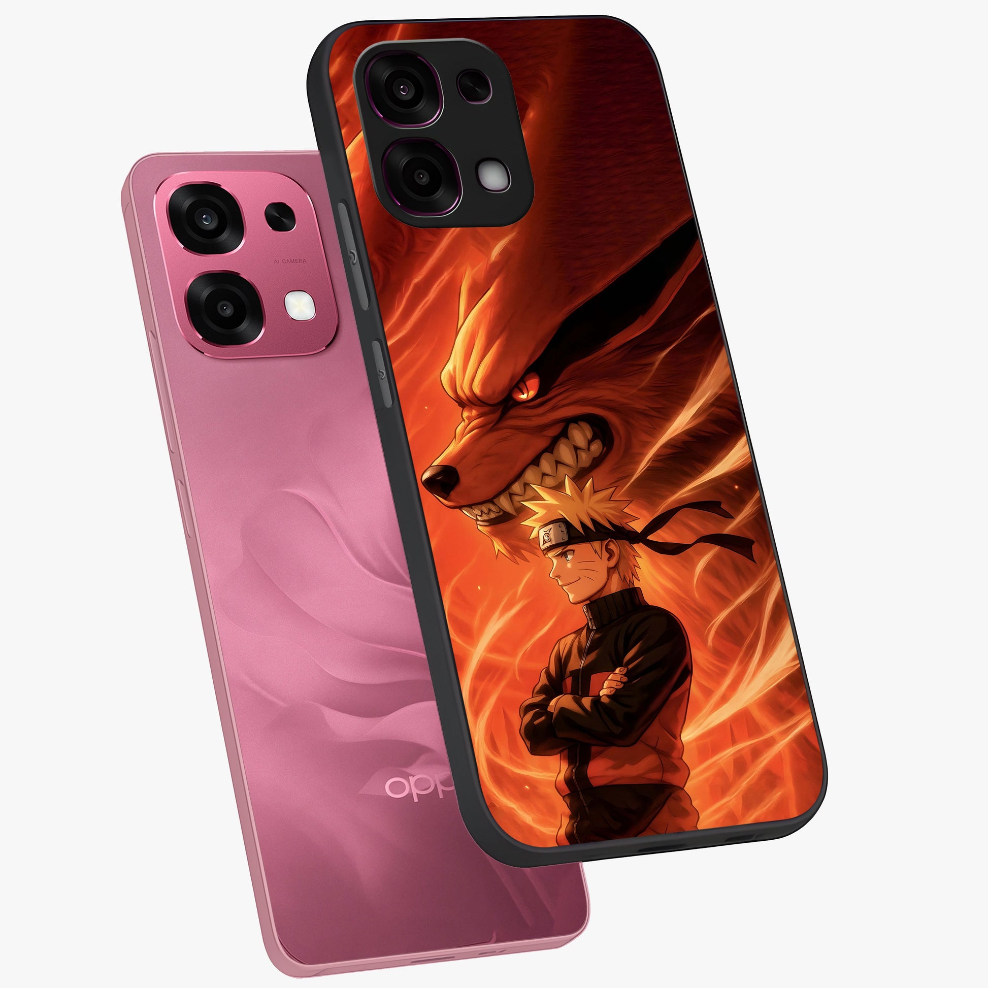 Nine Tails Legacy Glass Case displayed in angled mockup highlighting dynamic anime beast illustration with bold mystical aesthetic.