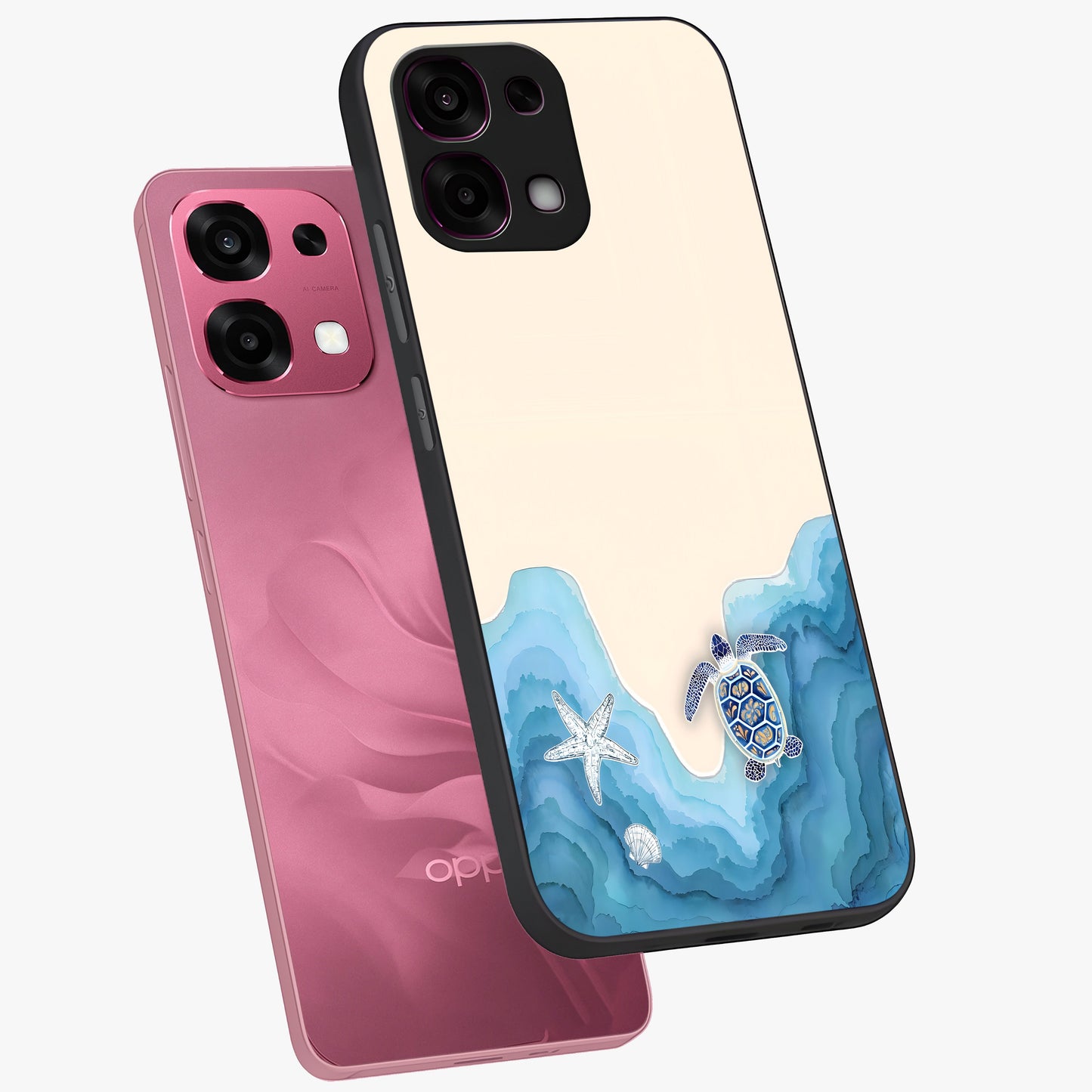 Ocean Drift Turtle Glass Case displayed in angled mockup highlighting peaceful ocean turtle illustration with marine aesthetic.
