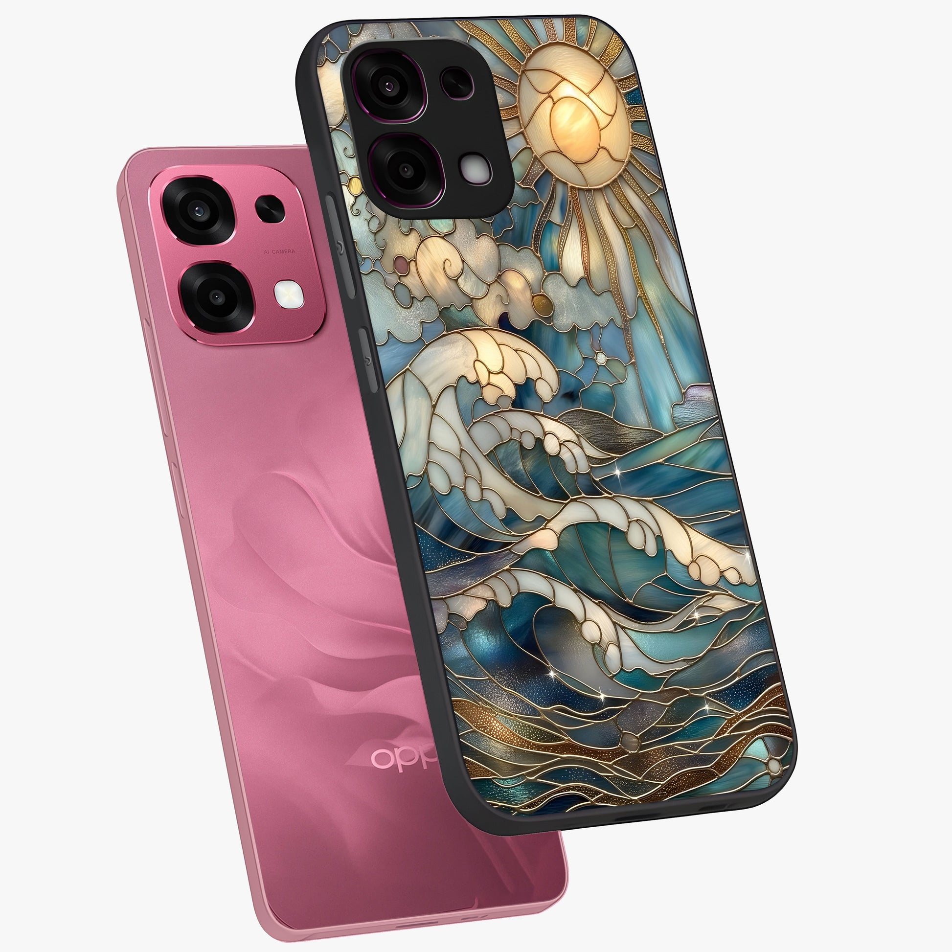 Oceanic Stained Printed Glass Case displayed in angled mockup highlighting colorful aquatic design with artistic aesthetic style.