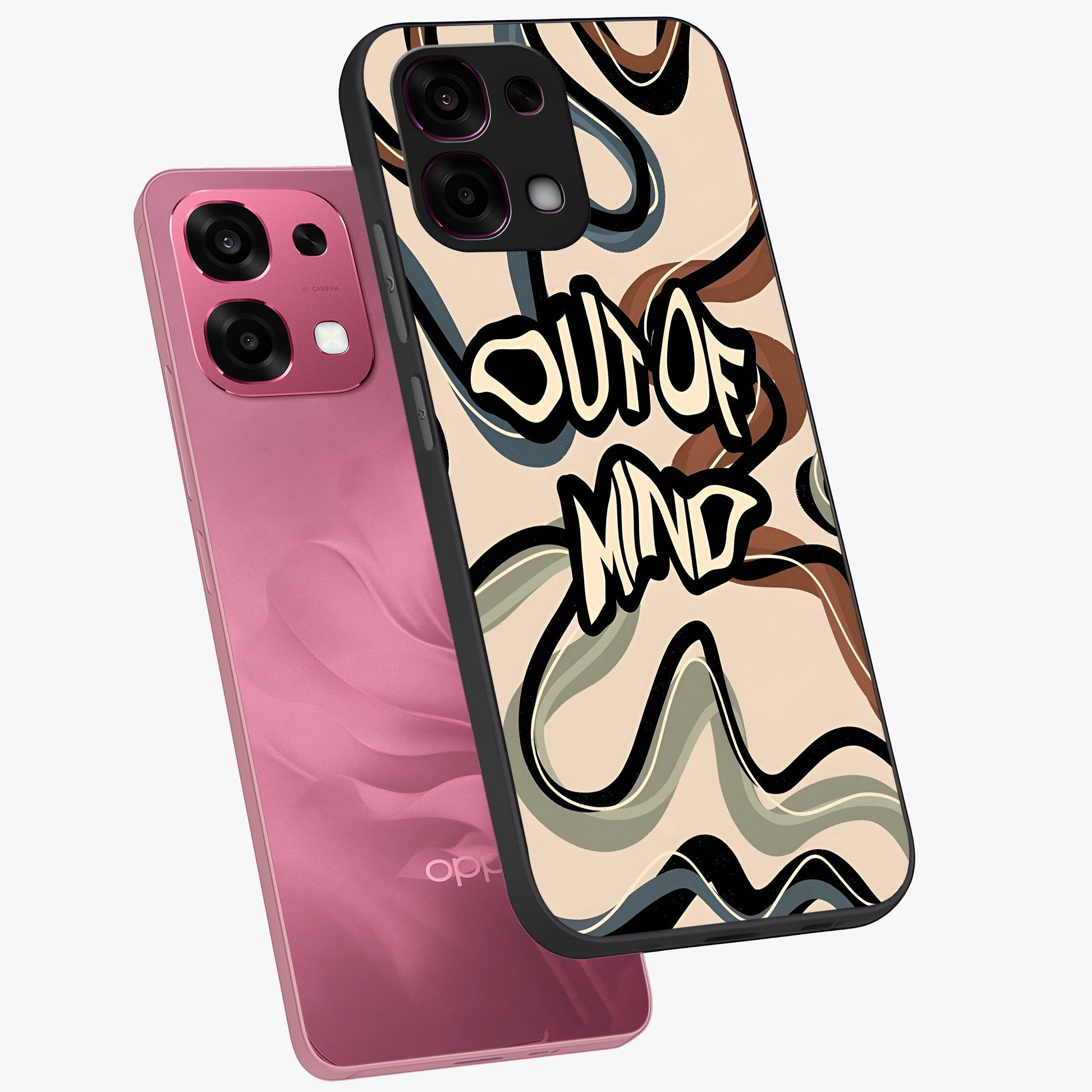 Out Of Mind Glass Case displayed in angled mockup highlighting bold statement design with modern artistic aesthetic.