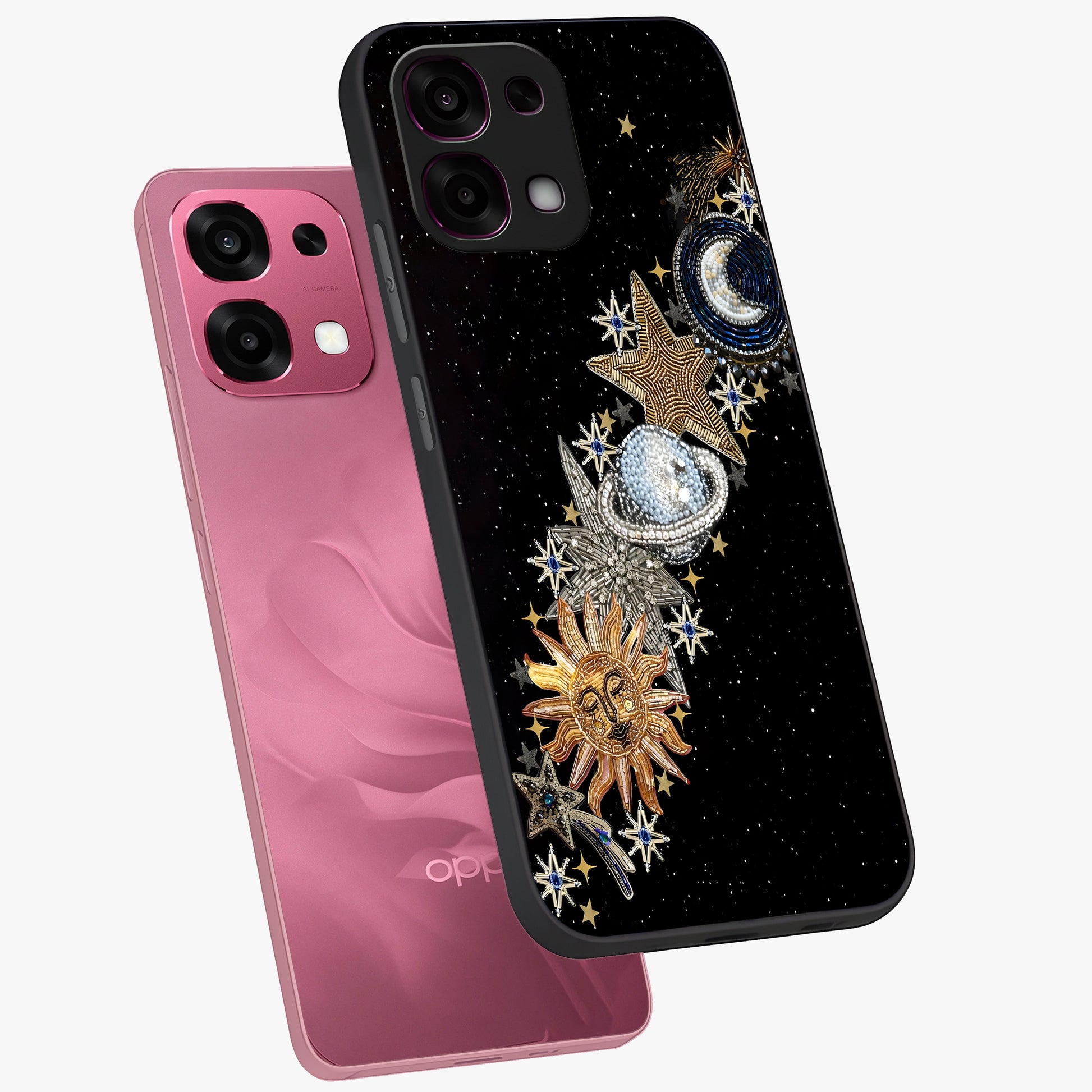 Pearls Universe Object Glass Case displayed in angled mockup highlighting celestial pearl design with dreamy aesthetic.