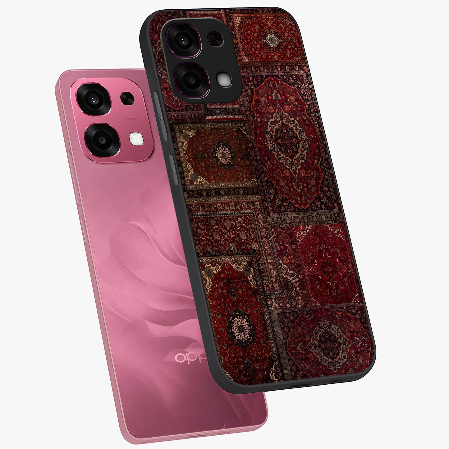 Persian Velvet Tale Glass Case displayed in angled mockup highlighting ornate textile inspired design with royal aesthetic.