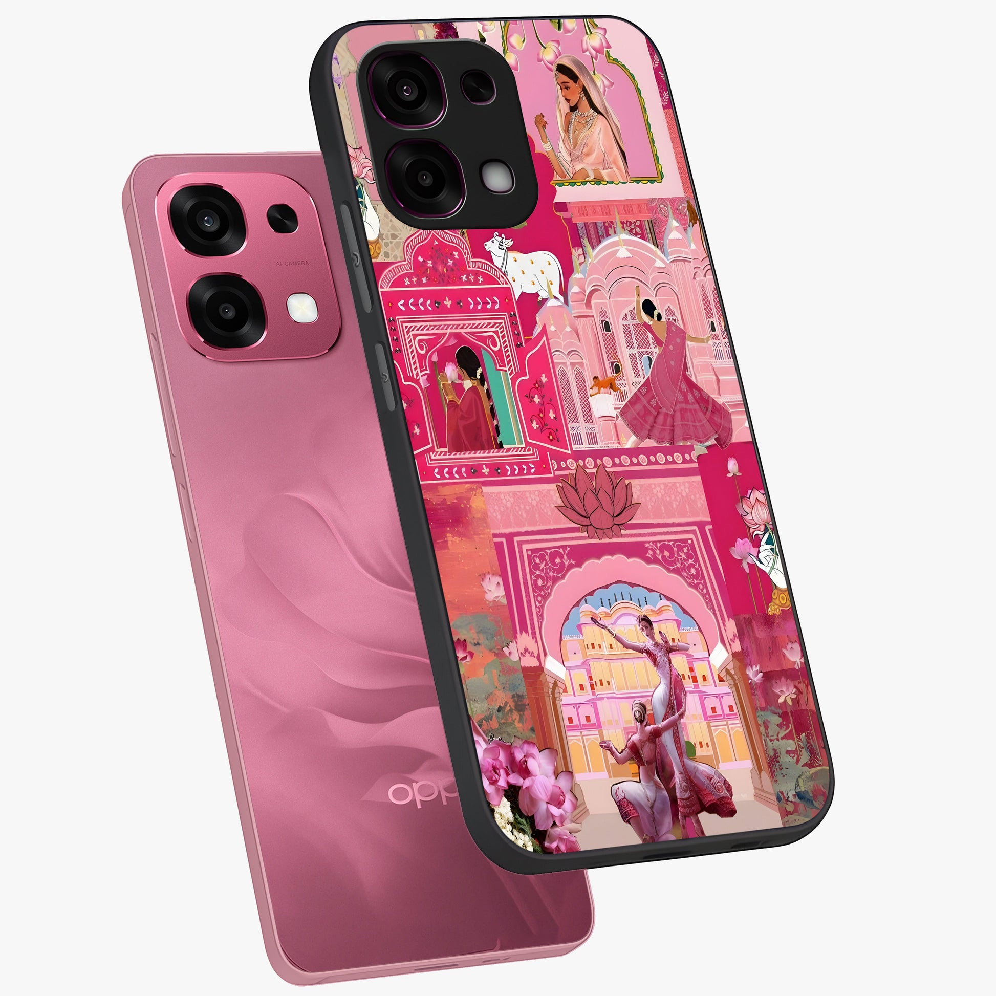 Pink Palace Muse Glass Case displayed in angled mockup highlighting dreamy palace illustration with soft pink aesthetic.