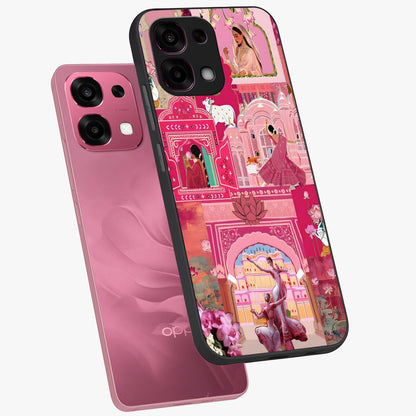 Pink Palace Muse Glass Case displayed in angled mockup highlighting dreamy palace illustration with soft pink aesthetic.