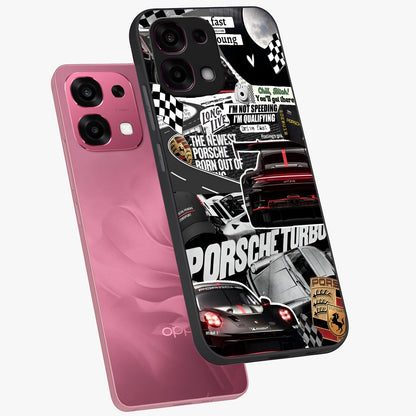 Porsche Racing Collage Glass Case displayed in angled mockup highlighting dynamic automotive design with bold racing aesthetic.