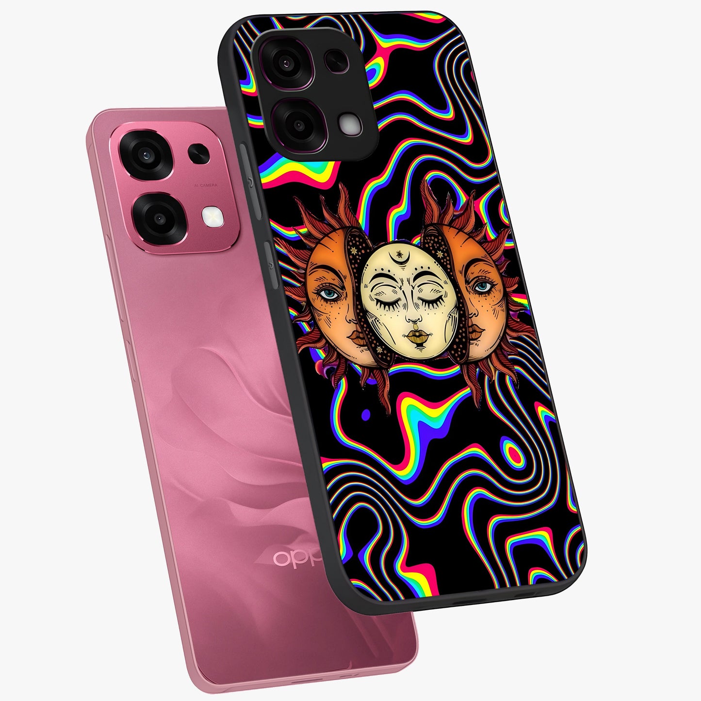 Psychedelic Sun Glass Case displayed in angled mockup highlighting vibrant abstract sun design with artistic aesthetic style.