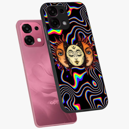 Psychedelic Sun Glass Case displayed in angled mockup highlighting vibrant abstract sun design with artistic aesthetic style.