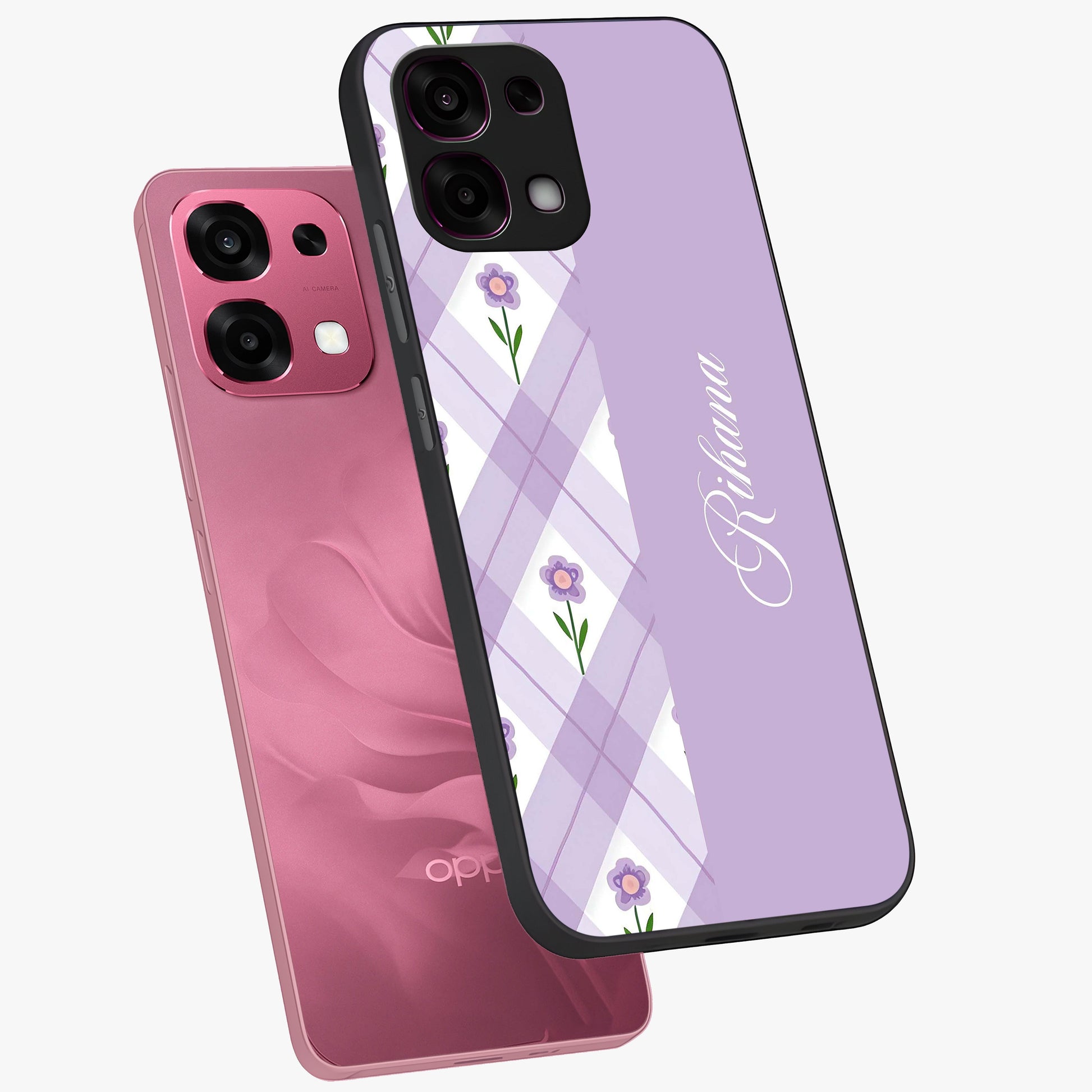 Purple Diamond Floral Glass Case displayed in angled mockup highlighting elegant purple flower design with decorative pattern.