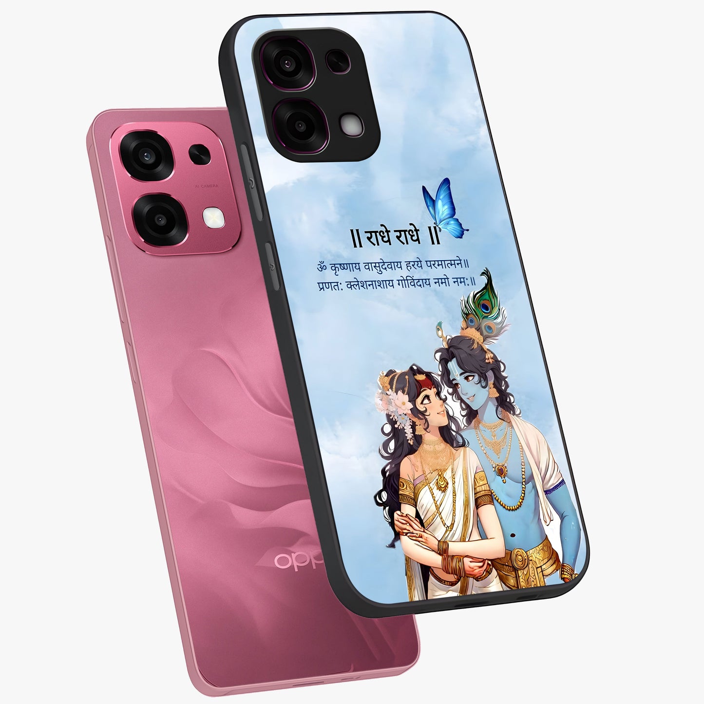 Radha Krishna Eternal Glass Case displayed in angled mockup highlighting divine Radha Krishna illustration with spiritual aesthetic.
