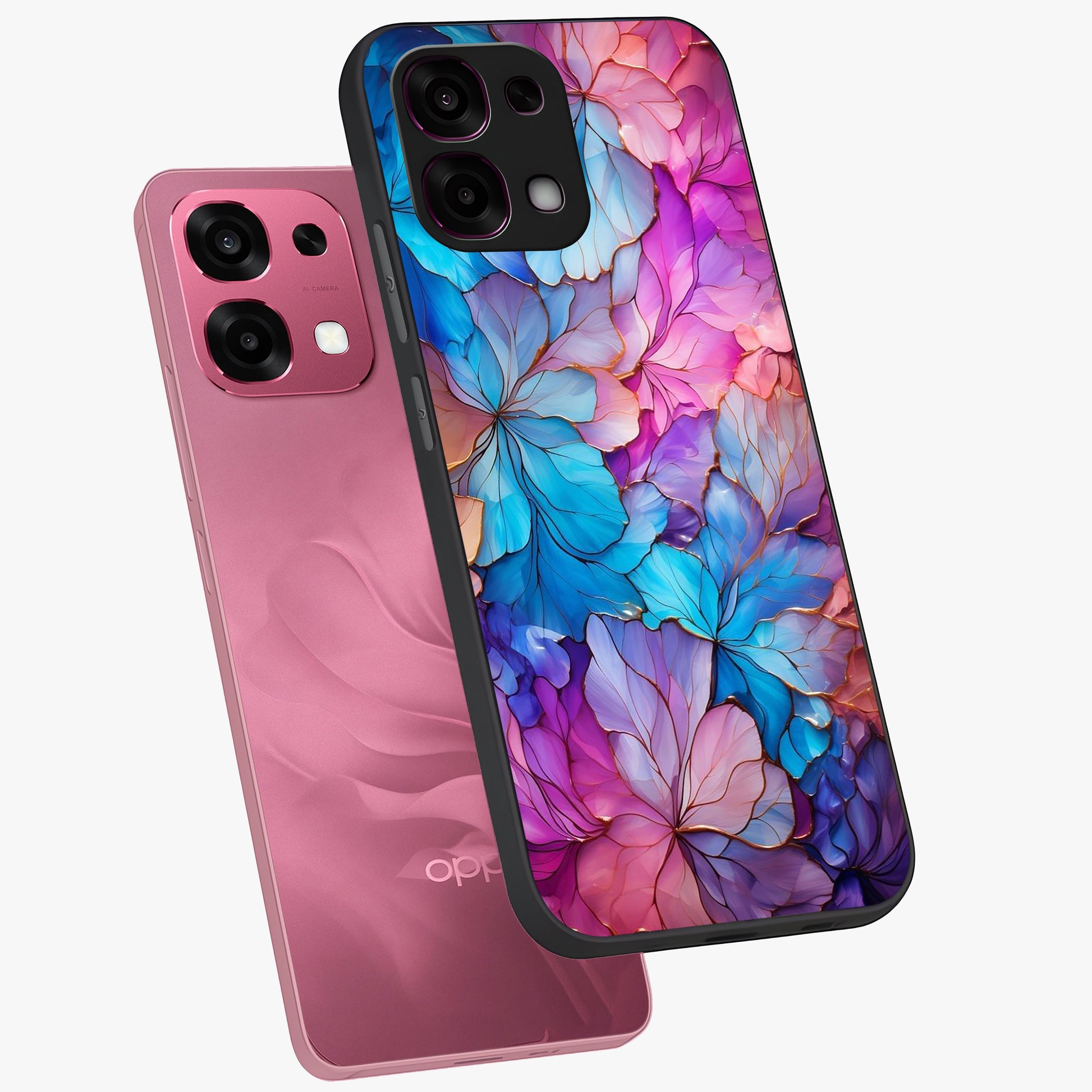 Radiant Floral Whirl Glass Case displayed in angled mockup highlighting vibrant flower pattern with dynamic artistic aesthetic.