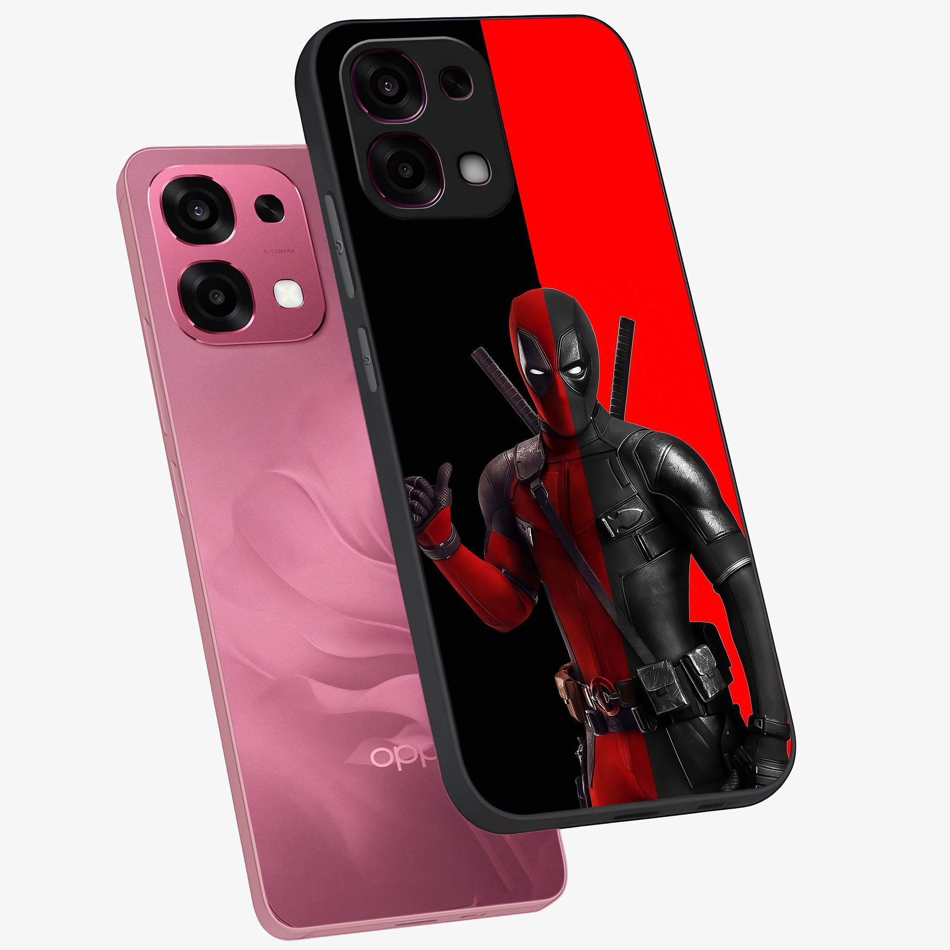 Red & Black Deadpool Theme Glass Case displayed in angled mockup highlighting vibrant superhero style illustration with action aesthetic.