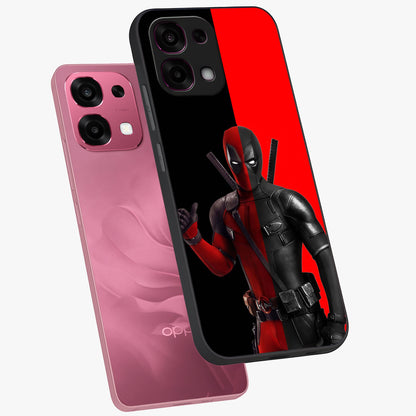 Red & Black Deadpool Theme Glass Case displayed in angled mockup highlighting vibrant superhero style illustration with action aesthetic.