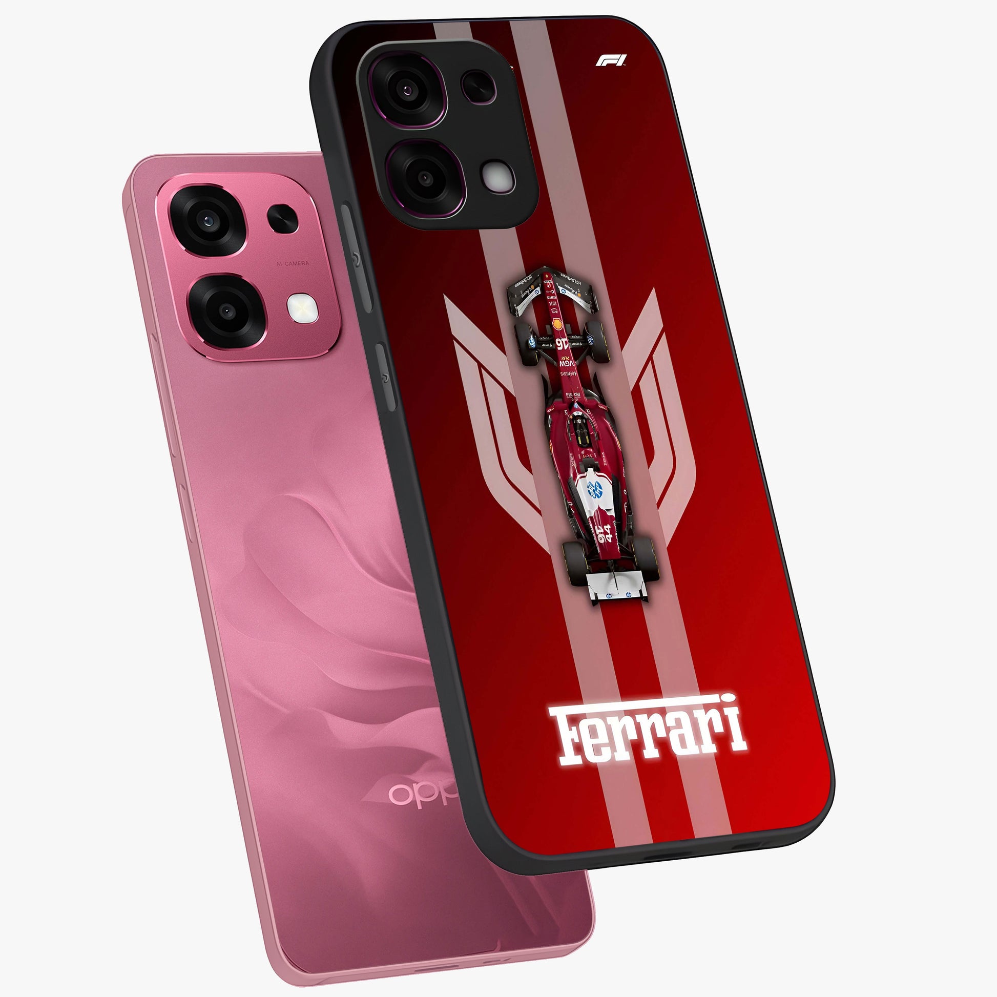 Red Ferrari F1 Vertical Glass Case displayed in angled mockup highlighting high speed racing design with bold automotive aesthetic.