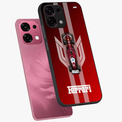 Red Ferrari F1 Vertical Glass Case displayed in angled mockup highlighting high speed racing design with bold automotive aesthetic.