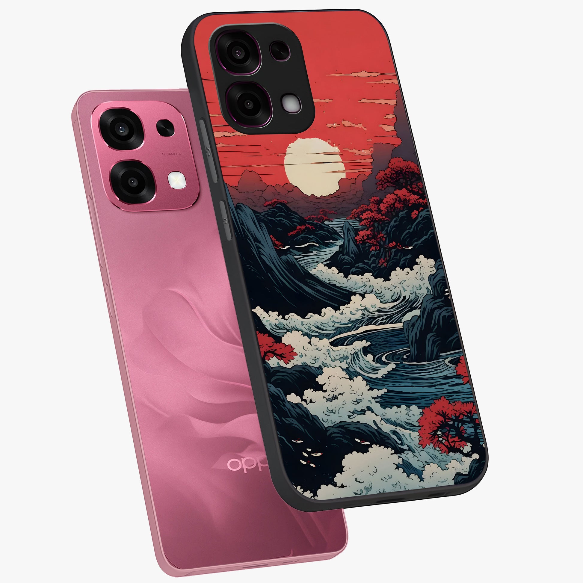 Red Sunset Scenery Glass Case displayed in angled mockup highlighting glowing sunset sky design with scenic aesthetic.