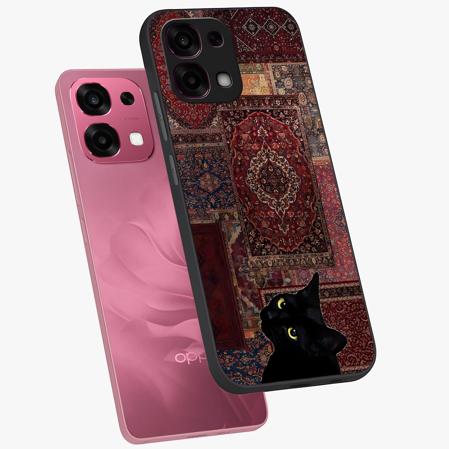 Regal Magic Cat Apple Glass Case displayed in angled mockup highlighting whimsical feline design with fantasy aesthetic.