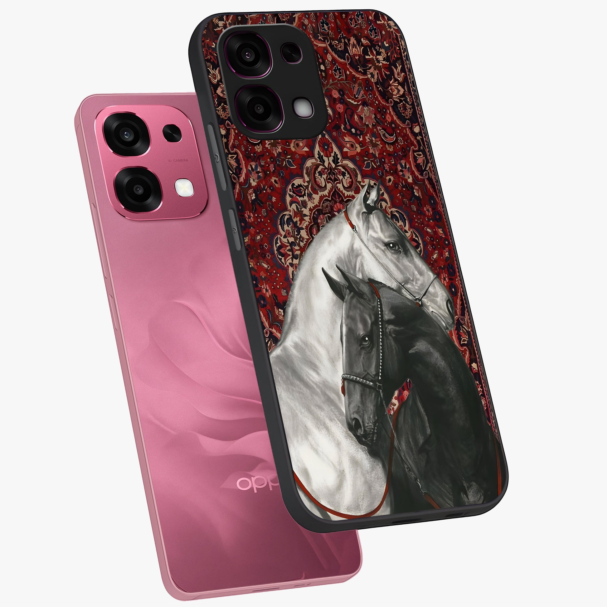 Regal Stallion Tapestry Glass Case displayed in angled mockup highlighting royal stallion design with decorative heritage aesthetic.