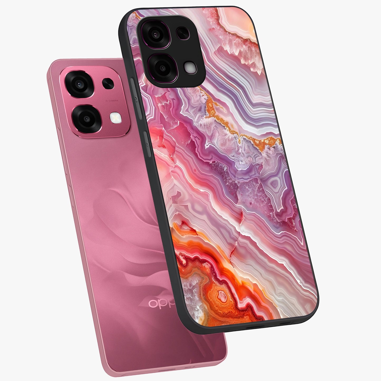 Rose Quartz Marble Glass Case displayed in angled mockup highlighting elegant marble pattern with soft aesthetic style.