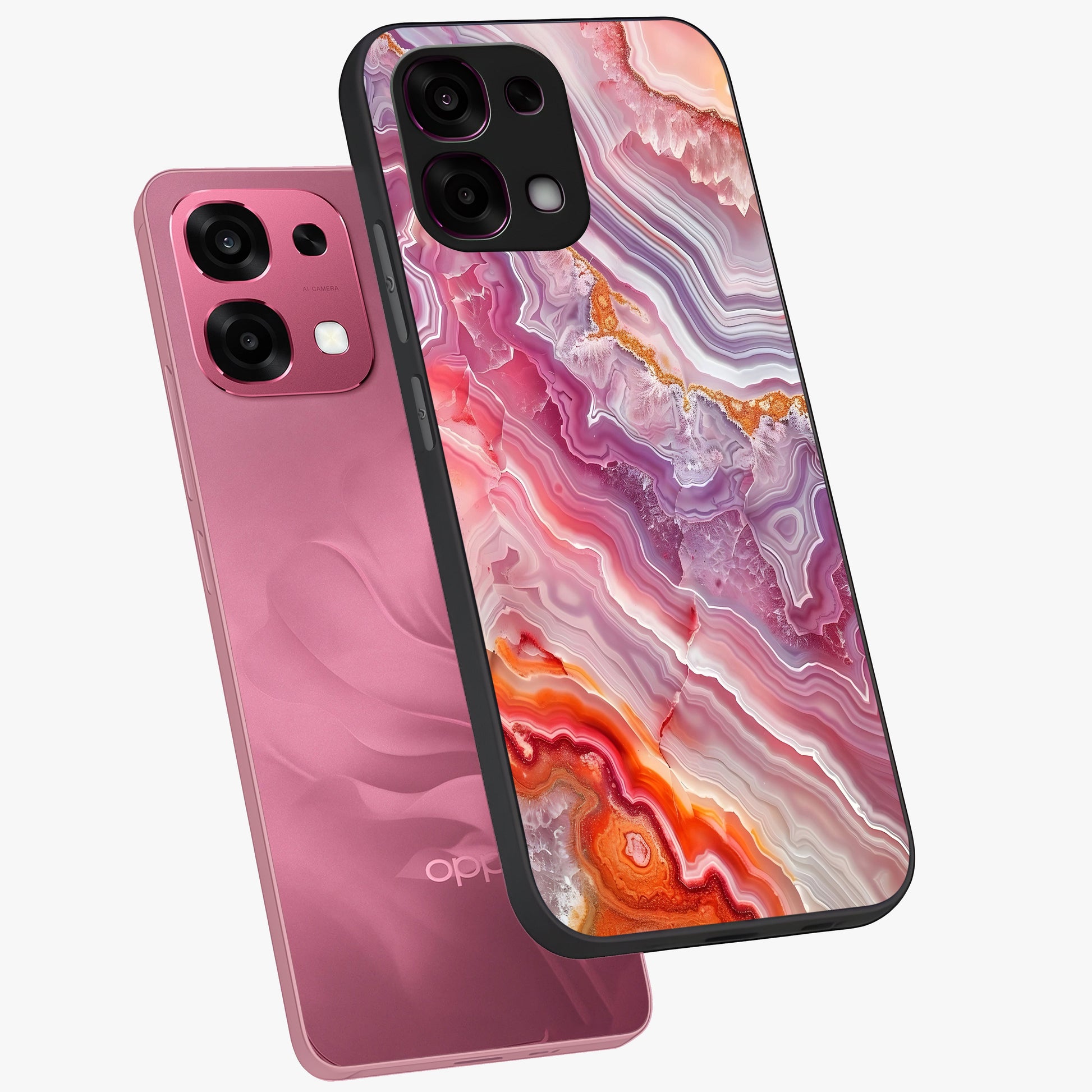 Rose Quartz Marble Glass Case displayed in angled mockup highlighting elegant marble pattern with soft aesthetic style.