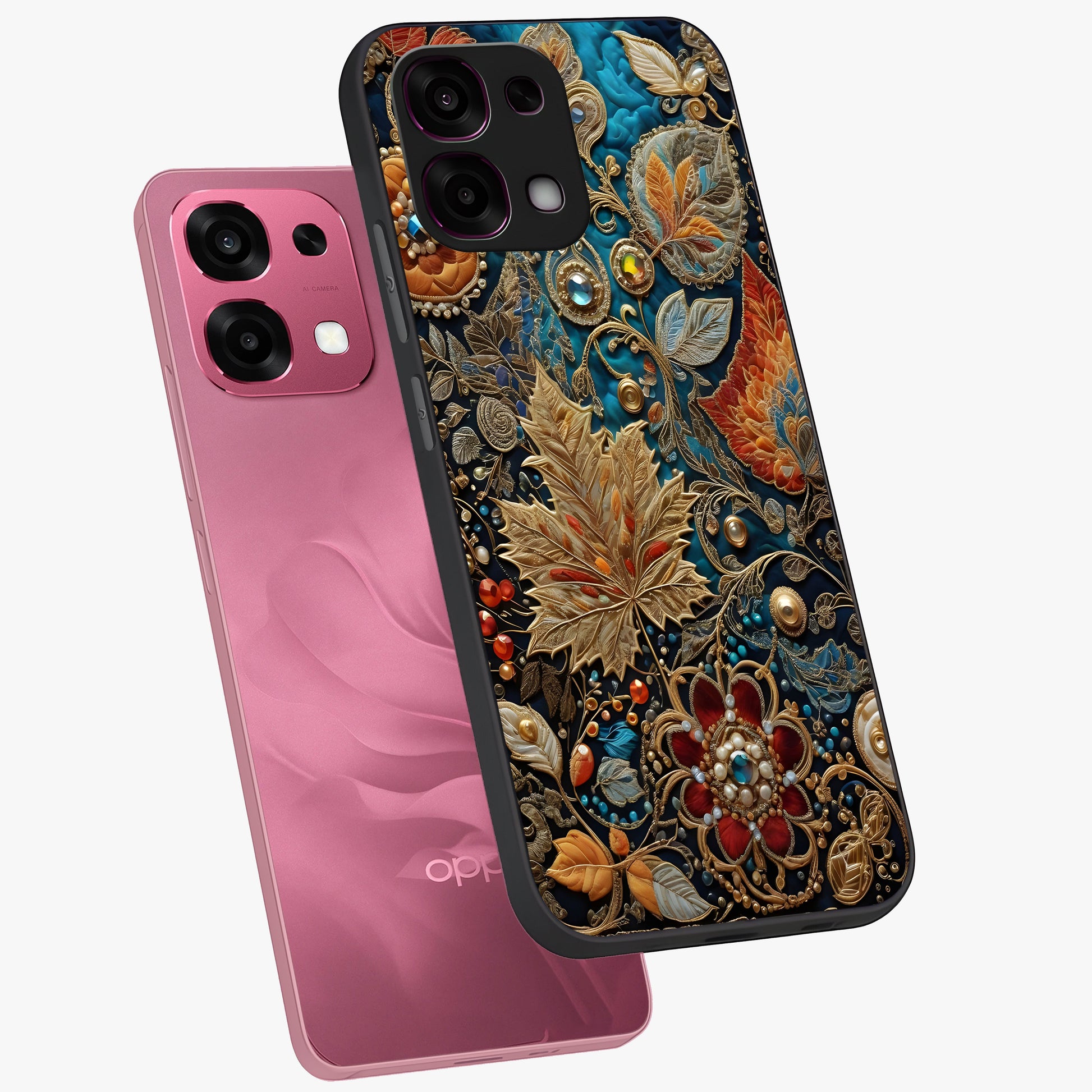 Royal Jewel Garden Glass Case displayed in angled mockup highlighting vibrant jewel inspired floral design with elegant aesthetic.