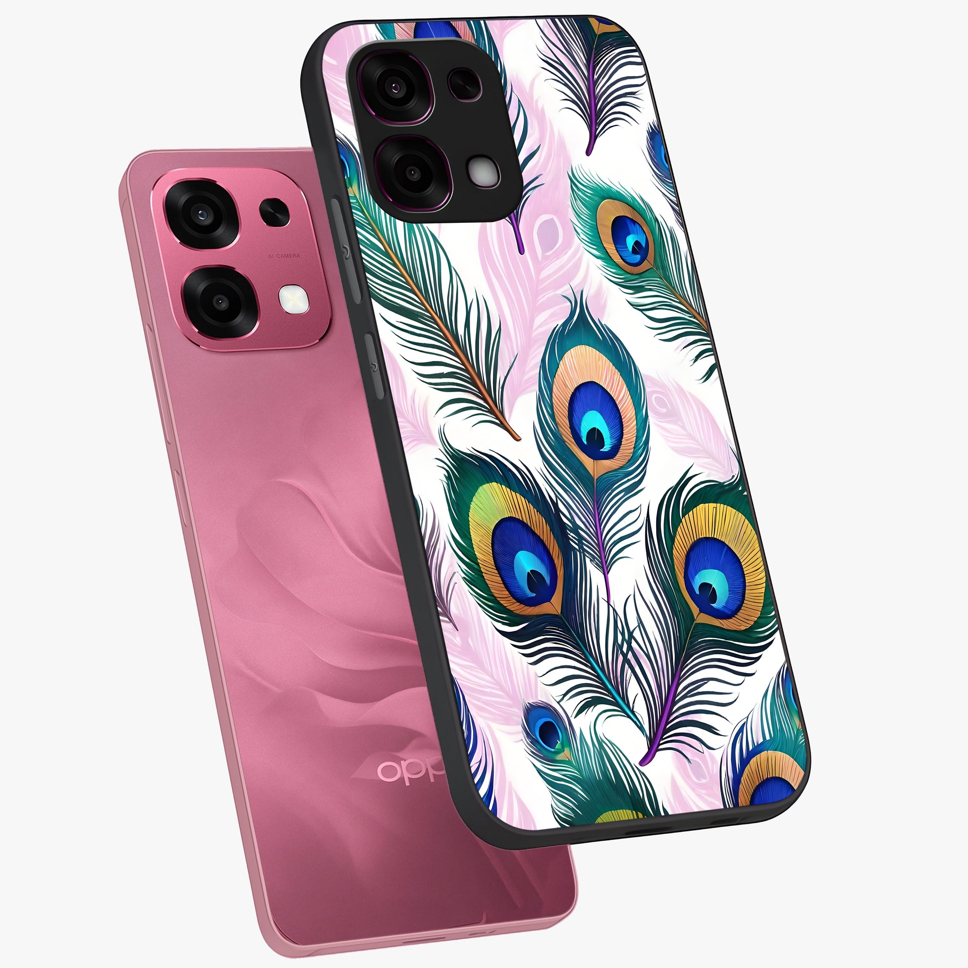Royal Peacock Feathers Glass Case displayed in angled mockup highlighting vibrant feather pattern with regal aesthetic style.
