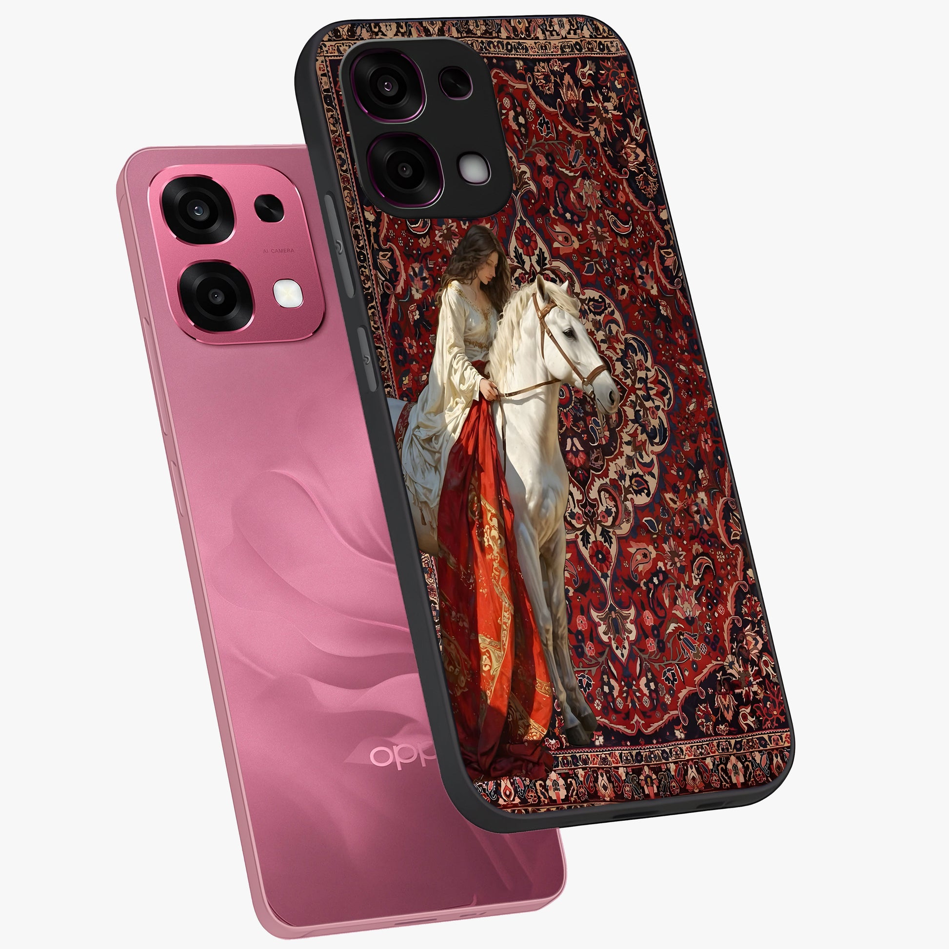 Royal Rider Tapestry Glass Case displayed in angled mockup highlighting traditional tapestry design with royal heritage aesthetic.