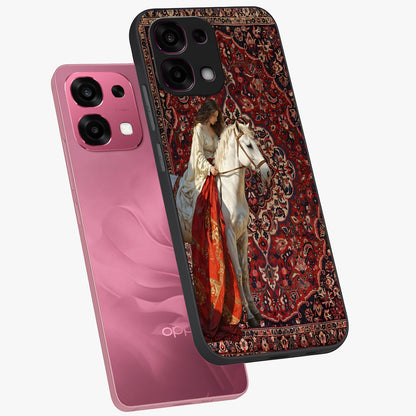 Royal Rider Tapestry Glass Case displayed in angled mockup highlighting traditional tapestry design with royal heritage aesthetic.