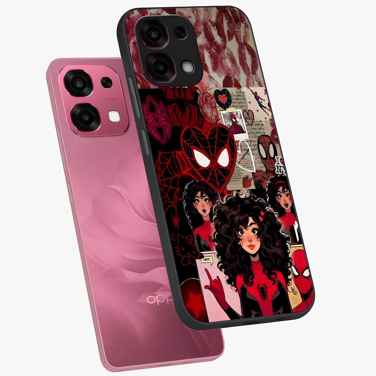 Spider Love Story Glass Case displayed in angled mockup highlighting expressive comic inspired design with playful aesthetic.