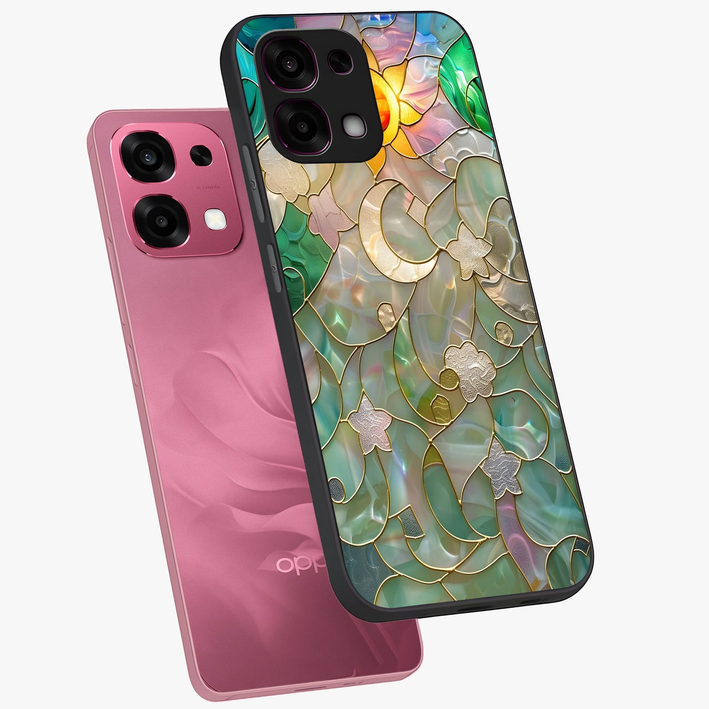 Stained Sunrise Glow Glass Case displayed in angled mockup highlighting radiant sunrise design with artistic aesthetic style.