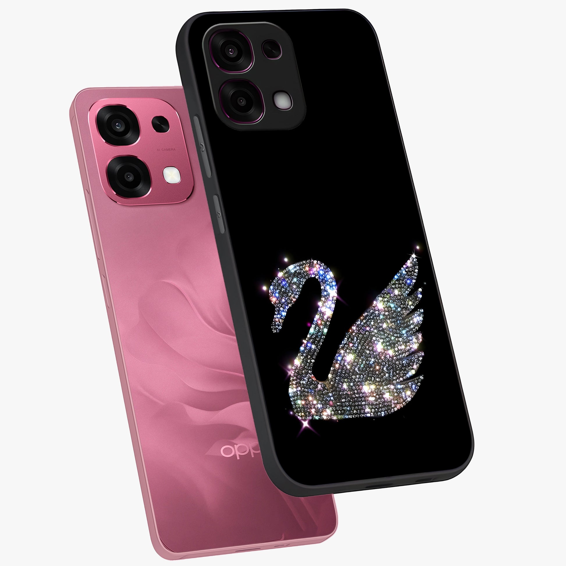 Starlit Swan Grace Glass Case displayed in angled mockup highlighting elegant swan illustration with dreamy celestial aesthetic.
