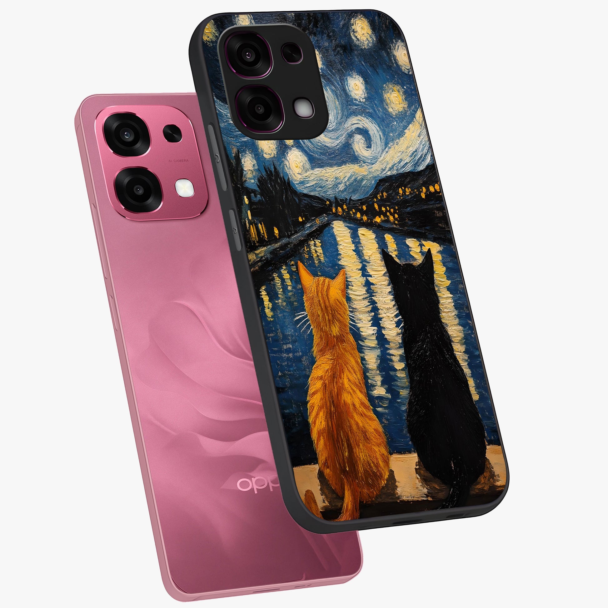 Starry River Cats Glass Case displayed in angled mockup highlighting charming feline illustration with dreamy night aesthetic.