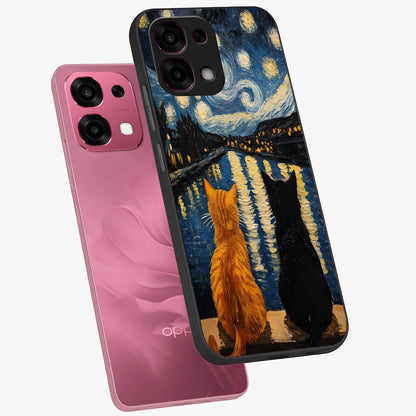 Starry River Cats Glass Case displayed in angled mockup highlighting charming feline illustration with dreamy night aesthetic.