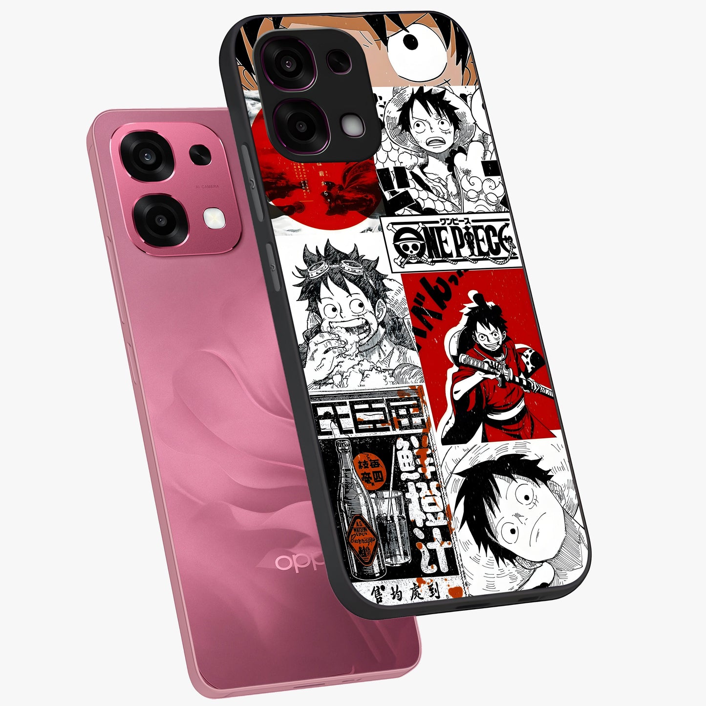 Strawhat Chaos Panels Glass Case displayed in angled mockup highlighting vibrant anime collage design with action aesthetic.