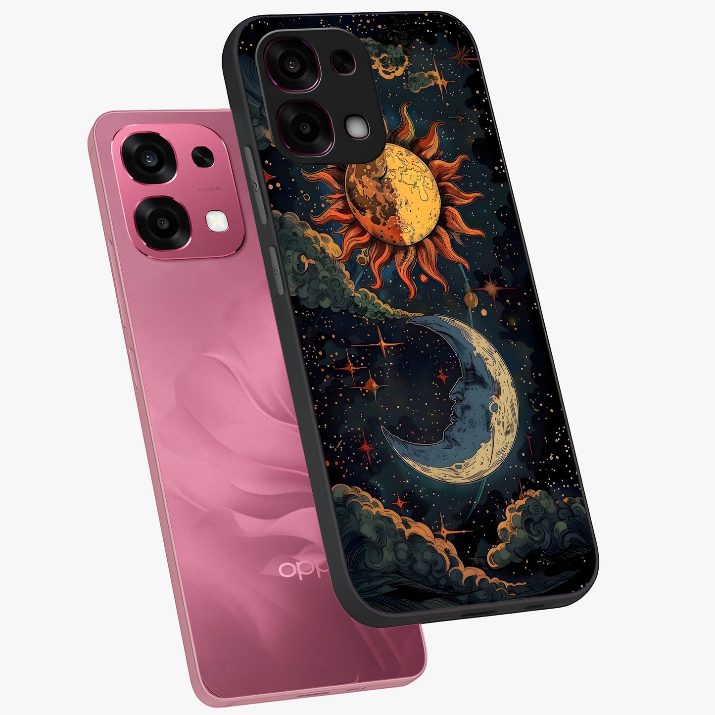 Sun And Moon Magic Design Glass Case displayed in angled mockup highlighting celestial design with magical cosmic aesthetic.