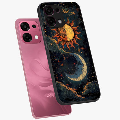 Sun And Moon Magic Design Glass Case displayed in angled mockup highlighting celestial design with magical cosmic aesthetic.