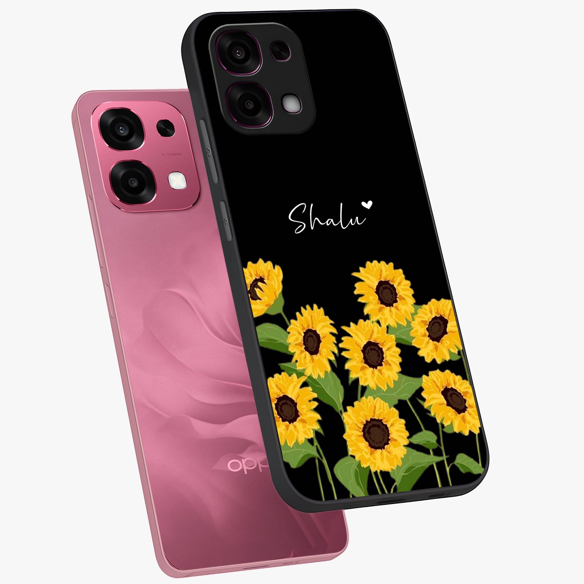 Sunflower Chic Mood Custom Name Glass Case displayed in angled mockup highlighting vibrant sunflower design with custom name feature.
