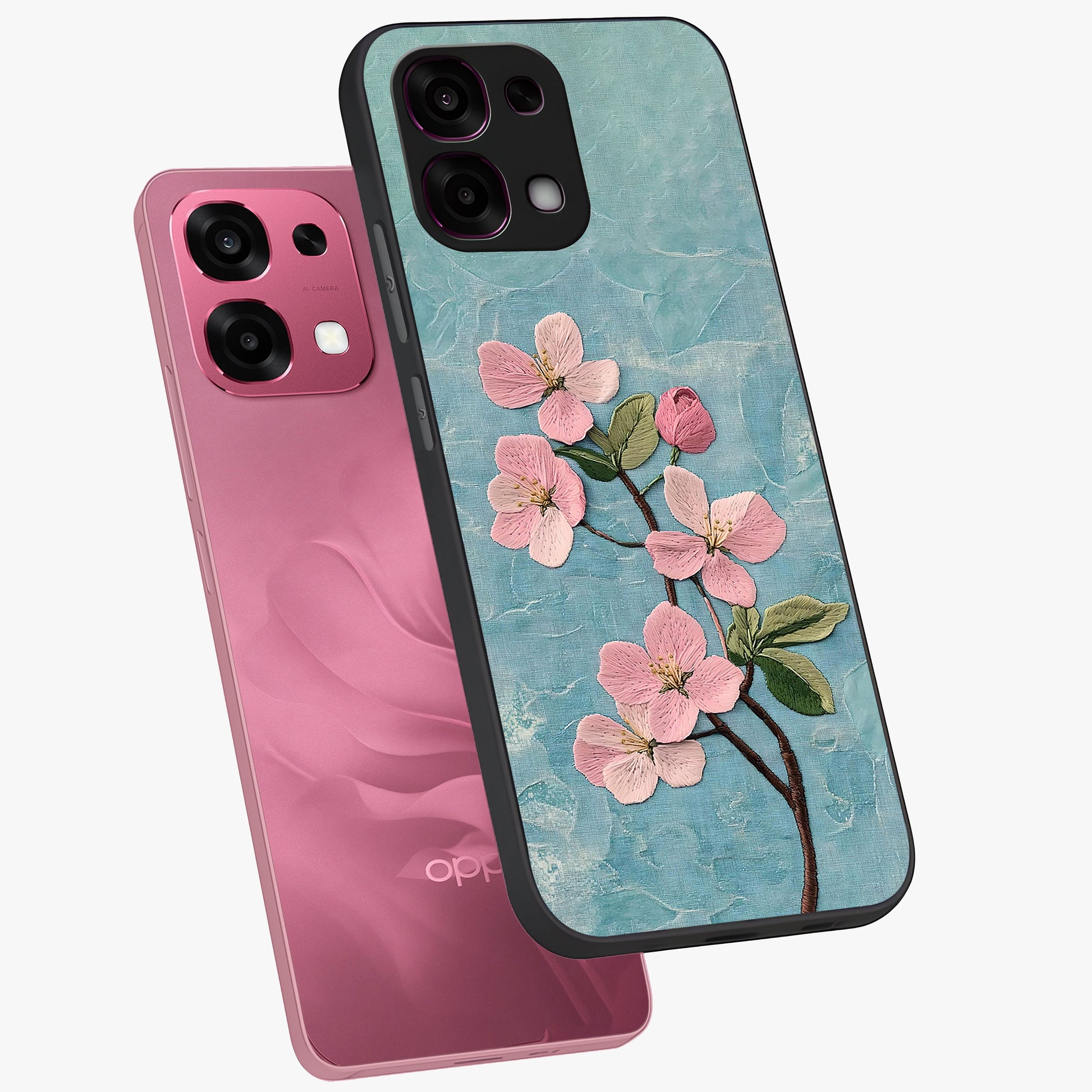 Threaded Blossom Breeze Glass Case displayed in angled mockup highlighting elegant floral design with soft aesthetic style.