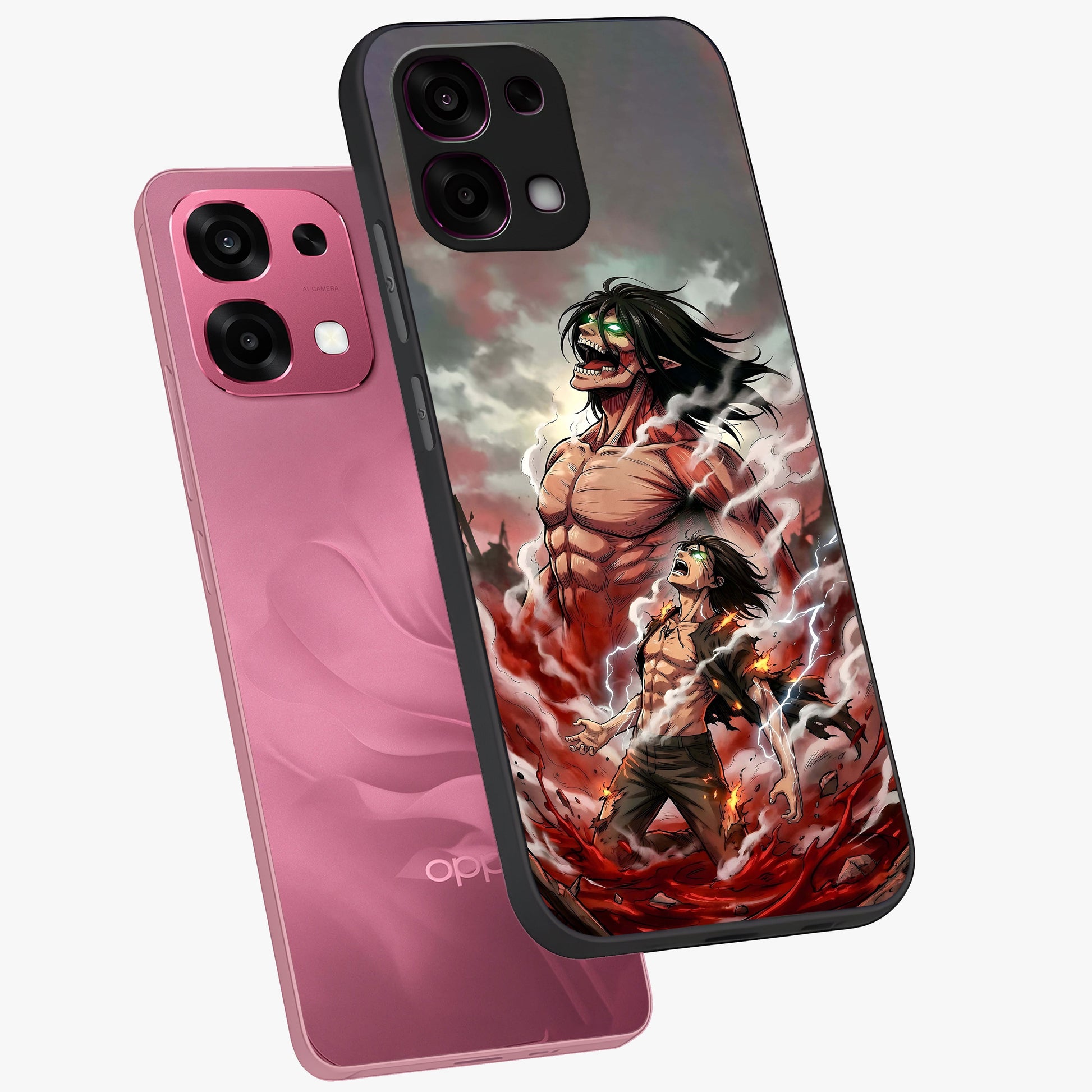 Titan Awakening Fury Glass Case displayed in angled mockup highlighting dramatic giant warrior design with bold anime aesthetic.