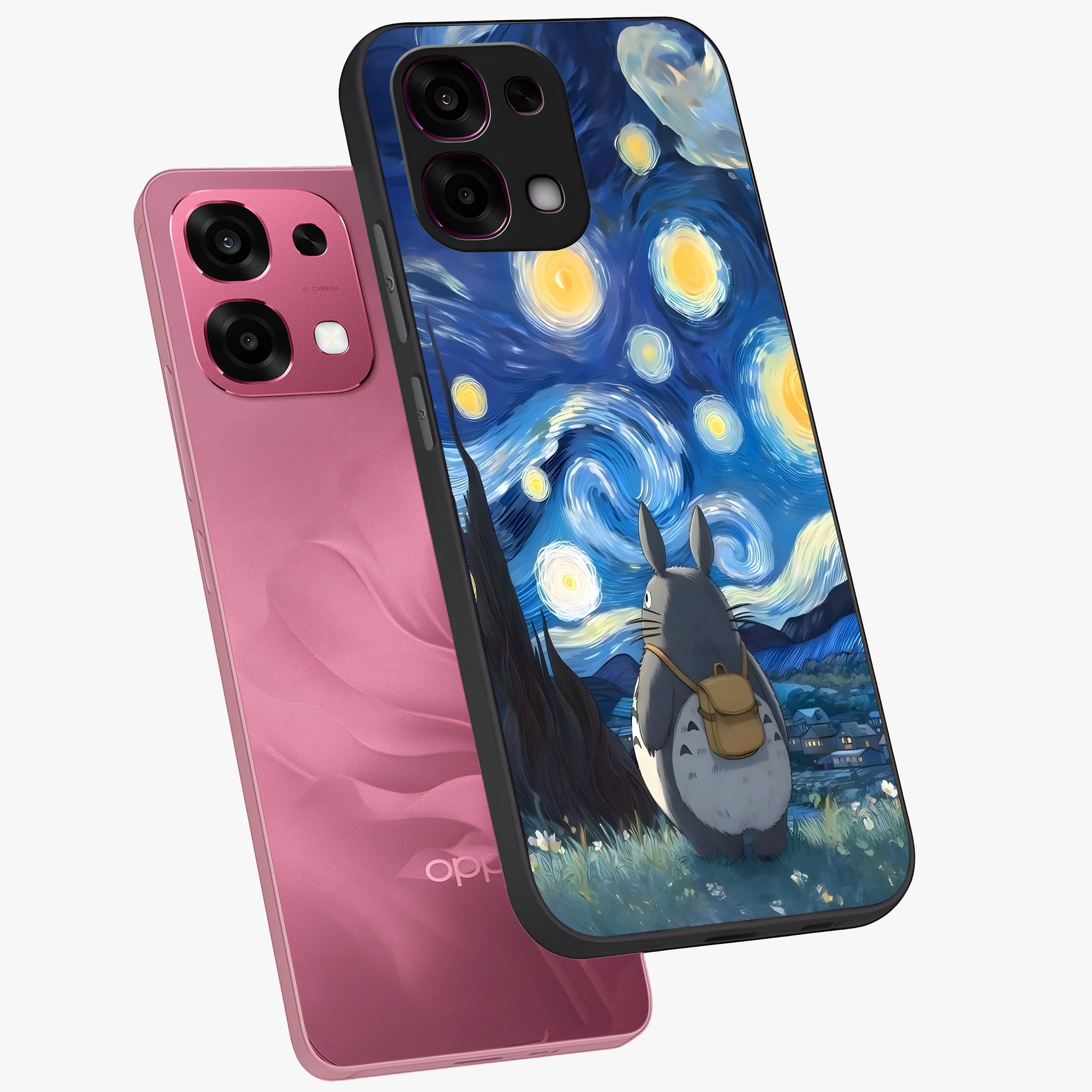 Totoro In Van Gogh Art Glass Case displayed in angled mockup highlighting artistic swirling sky design with playful animation aesthetic.