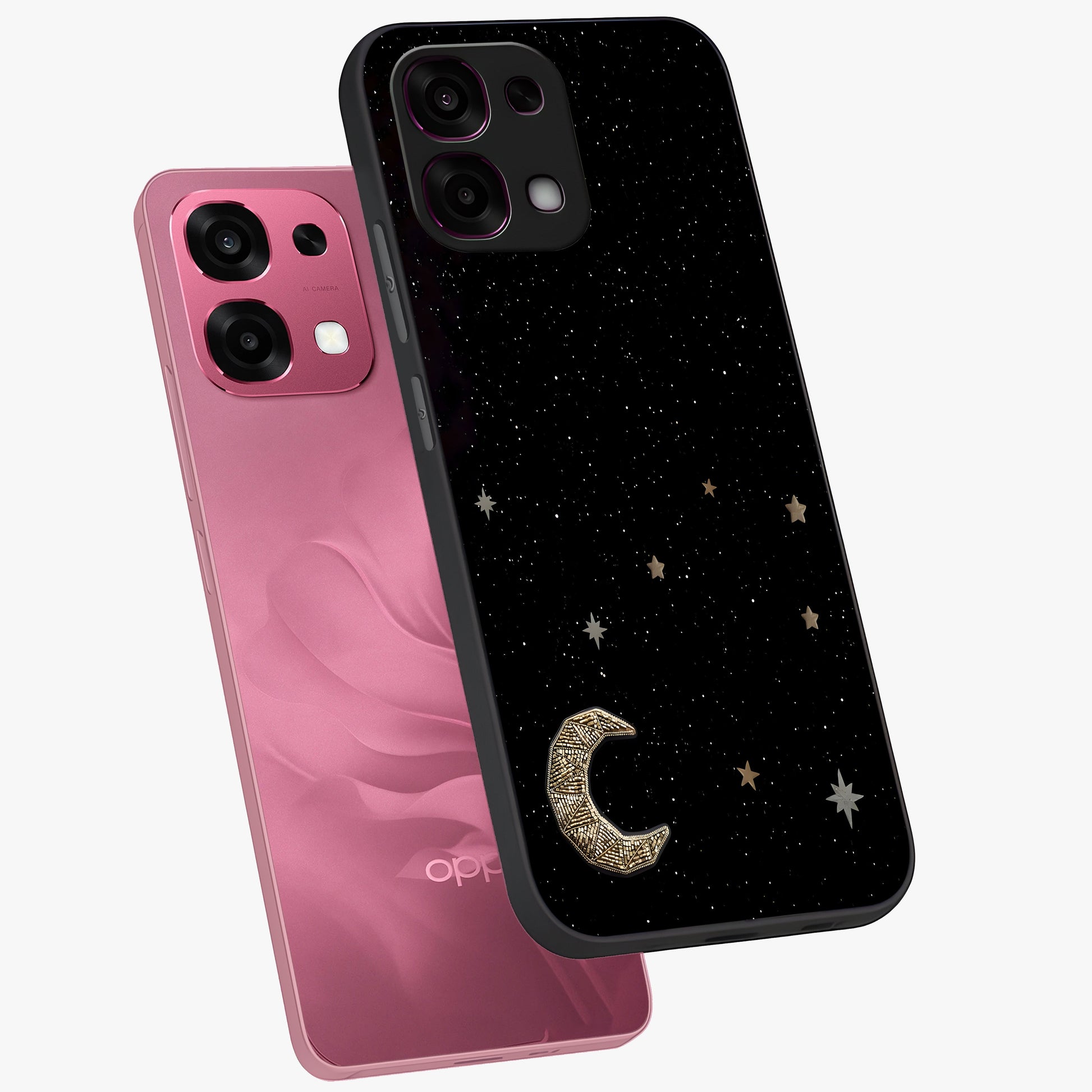 Twinkle Star With Half Moon Glass Case displayed in angled mockup highlighting celestial moon and star design with magical aesthetic.