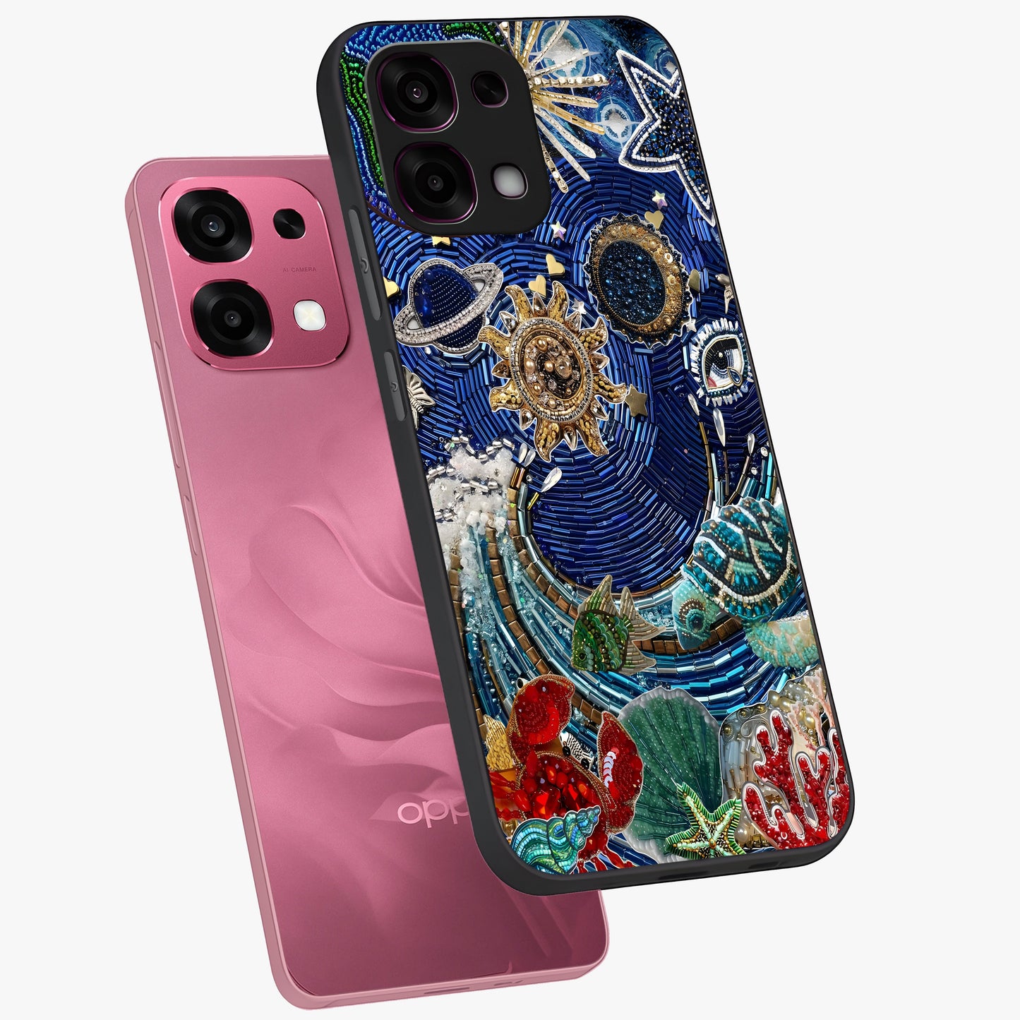 Universe Underwater Spark Glass Case displayed in angled mockup highlighting glowing aquatic design with celestial aesthetic.