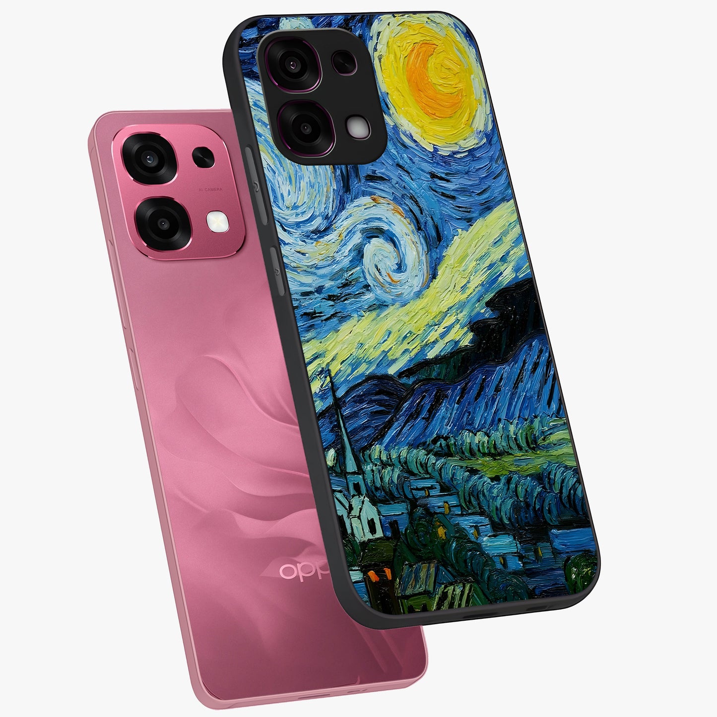Van Gogh Art Glass Case displayed in angled mockup highlighting swirling brushstroke design with artistic aesthetic.