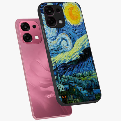 Van Gogh Art Glass Case displayed in angled mockup highlighting swirling brushstroke design with artistic aesthetic.