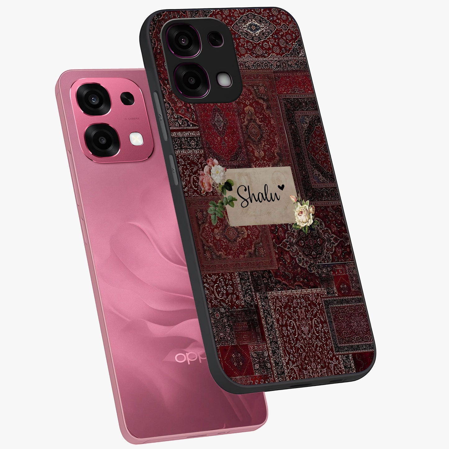 Velvet Wine Pattern Custom Name Glass Case displayed in angled mockup highlighting decorative velvet inspired design with custom name feature.