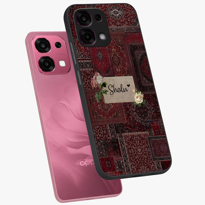 Velvet Wine Pattern Custom Name Glass Case displayed in angled mockup highlighting decorative velvet inspired design with custom name feature.