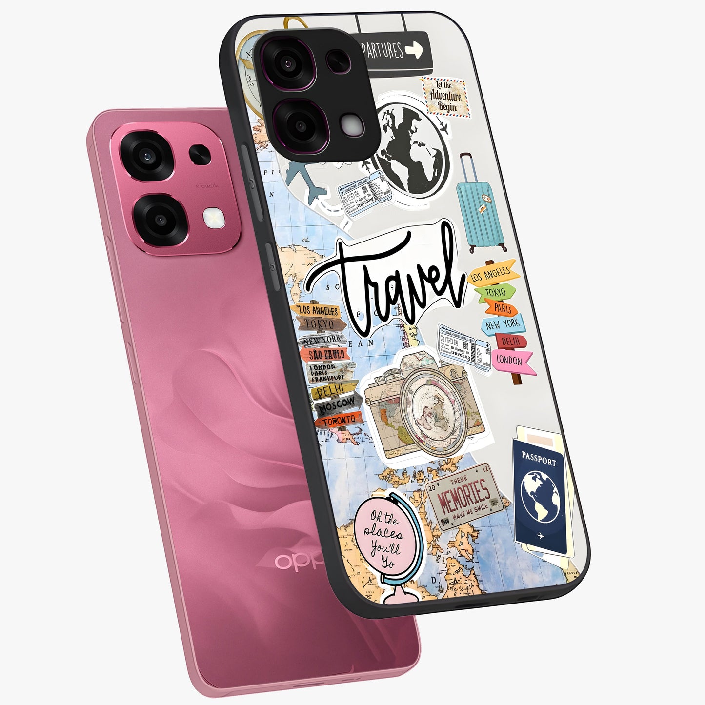 Wanderlust Journal Glass Case displayed in angled mockup highlighting adventure themed design with aesthetic travel vibe.