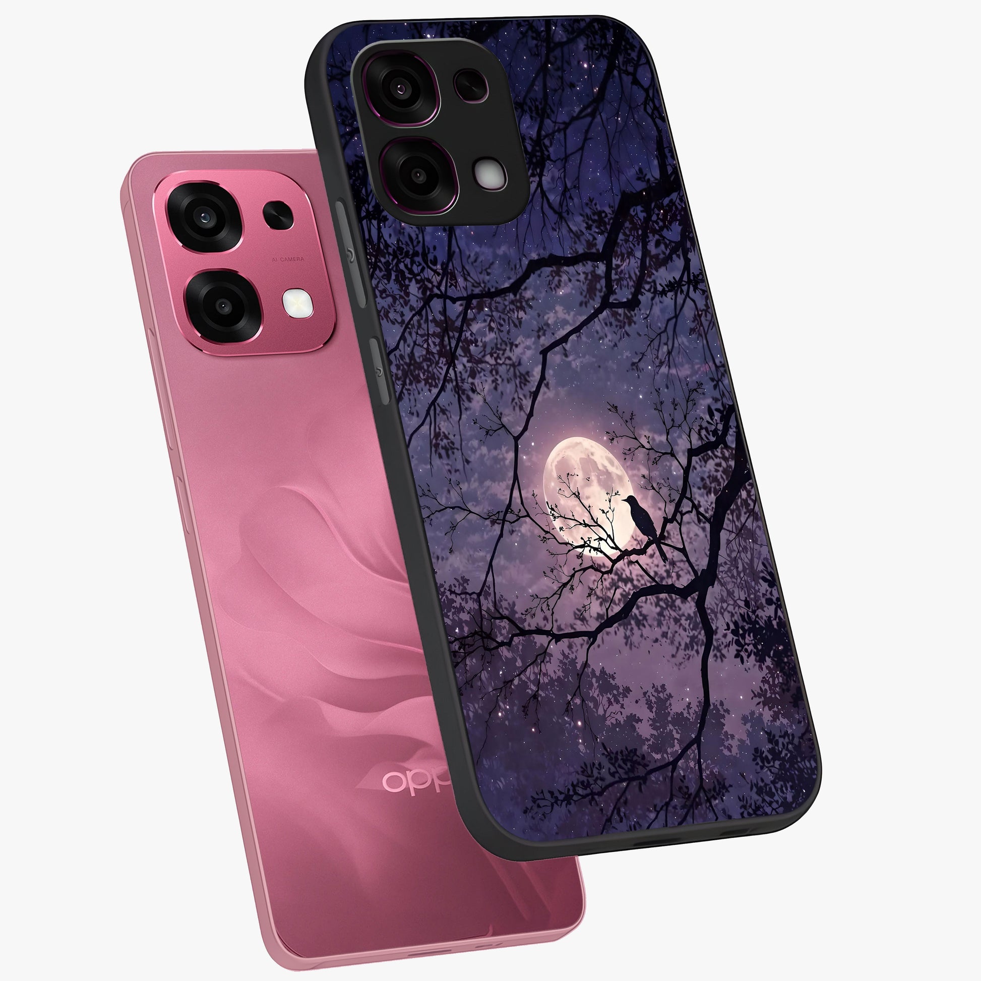 Whispering Moon Silence Glass Case displayed in angled mockup highlighting calm lunar design with dreamy night aesthetic.