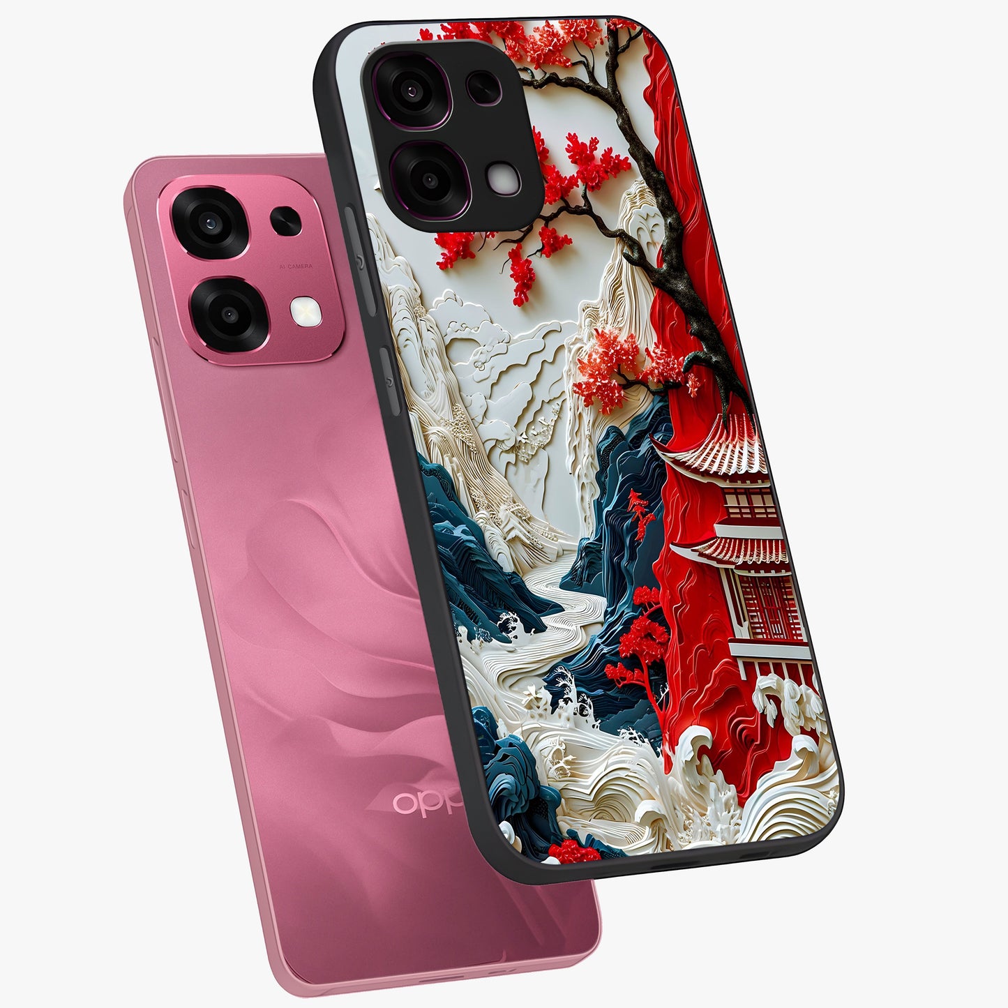 Whispers Of Sakura Waves Glass Case displayed in angled mockup highlighting flowing sakura design with soft floral aesthetic.