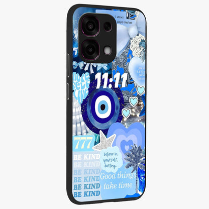 Aesthetic Be Kind Eye Glass Case upright view showcasing stylish eye illustration with positive message theme.